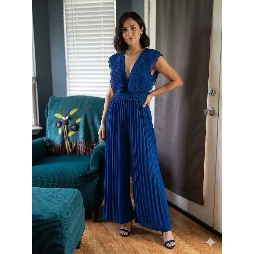Women’s Long Pleated Ruffled V Neck Dress Size S Blue Wide Leg Jumpsuit Romper